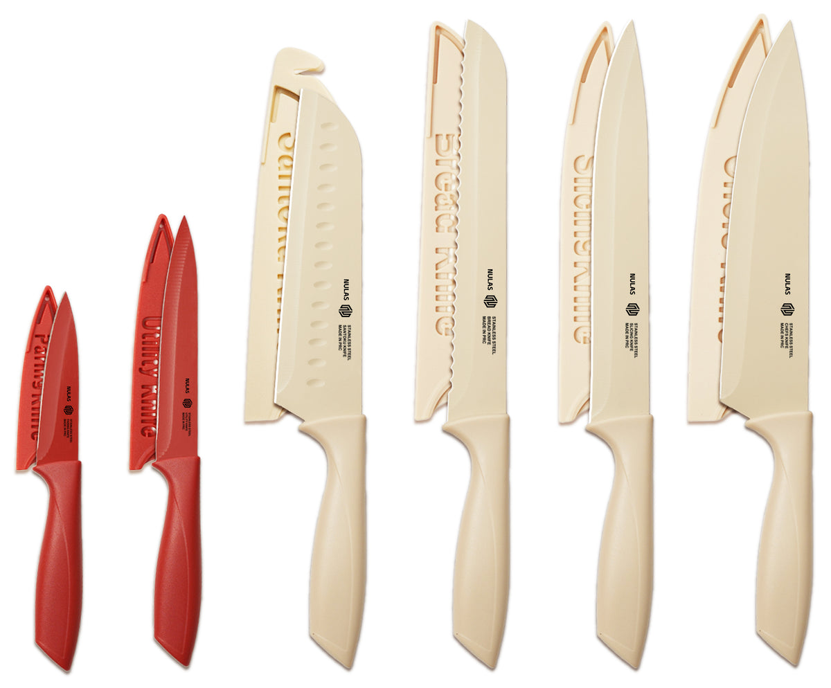 NULAS Colorful Kitchen Knife Set, 6 Sharp Kitchen Knives with Covers for Cooking, Cutting&Chopping , Stainless  Steel Knives ,Beige