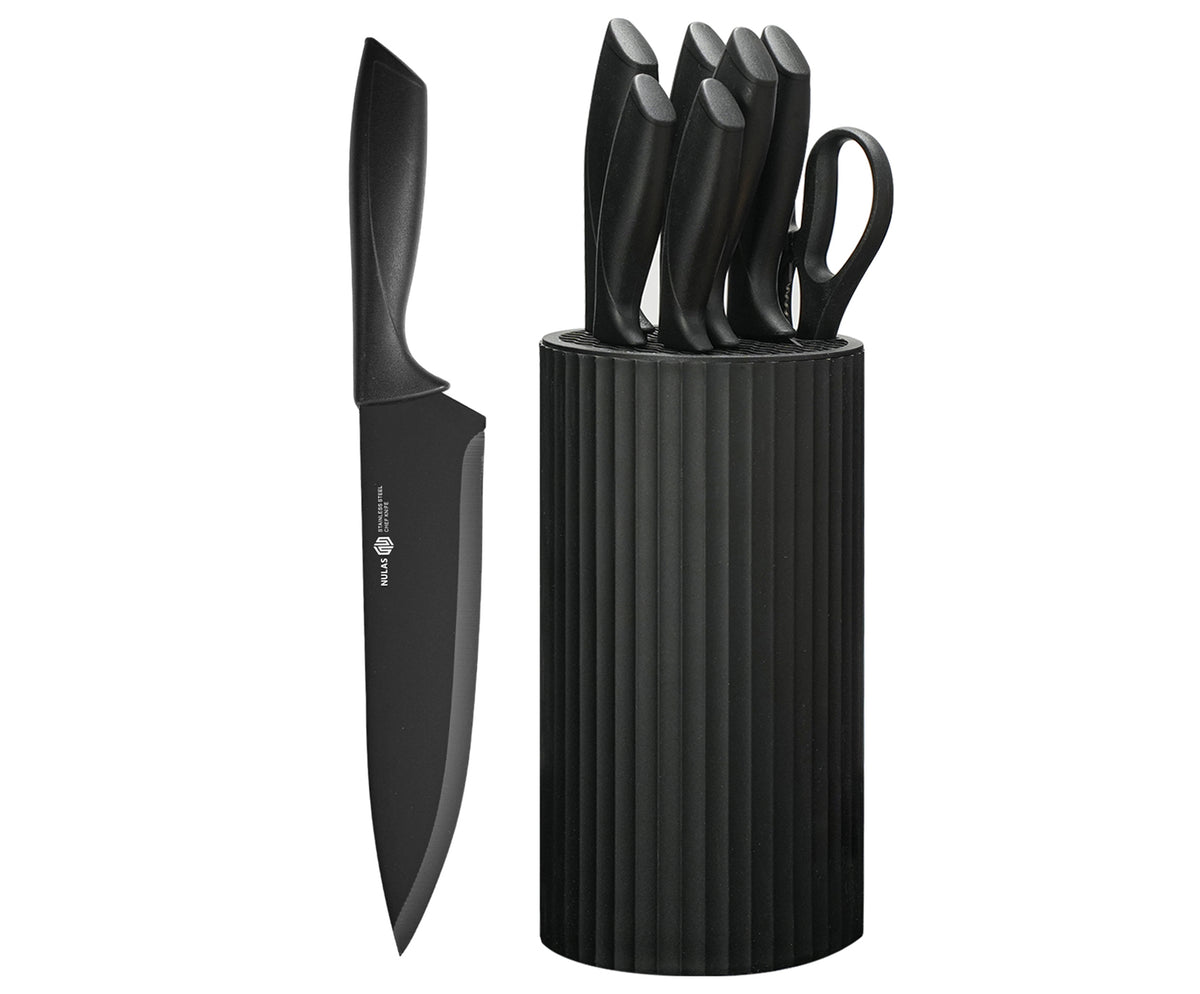 NULAS Knife Set, 8-Piece Kitchen Knife Set for Chef, Sharp Knife Set with Universal Knife Block, Anti-Rust Kitchen Knife Block Set, Ergonomical Design (Black)