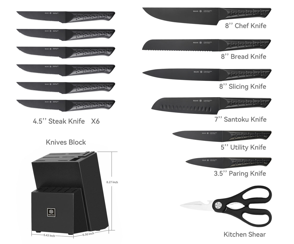 NULAS Knife Sets for Kitchen with Block, 15 Piece Knife Set with Built-in Sharpener, Dishwasher Safe, German Stainless Steel, Black