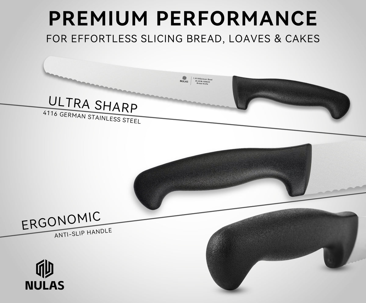 NULAS Bread Knife, 10 inch Serrated Sourdough Slicer Cutter for Homemade Bread, 1.4116 German Steel, Ergonomic Anti-slip Handle (Black, 10 inch)