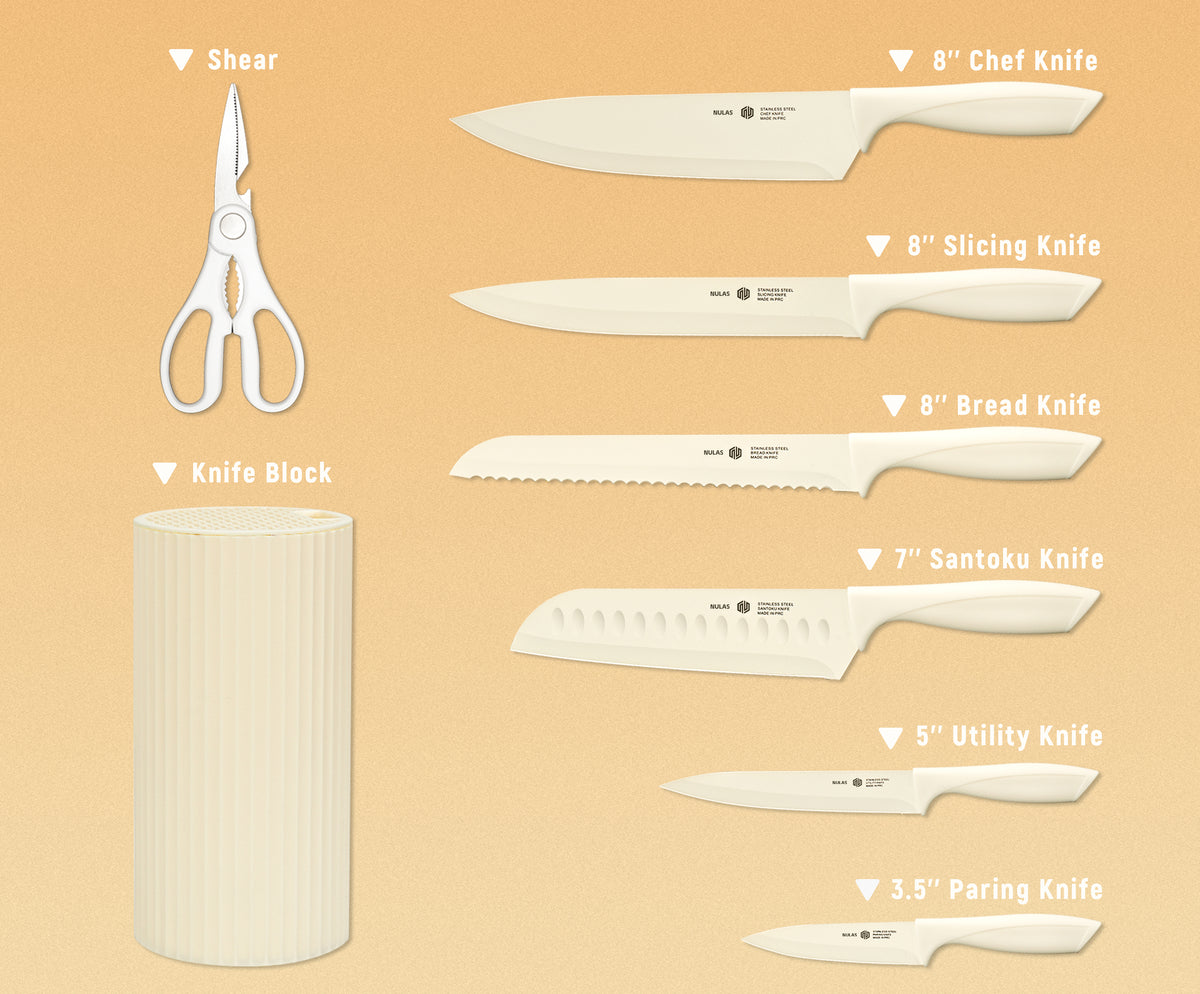 NULAS Knife Set, 8-Piece Kitchen Knife Set for Chef, Sharp Knife Set with Universal Knife Block, Anti-Rust Kitchen Knife Block Set, Ergonomical Design (White)