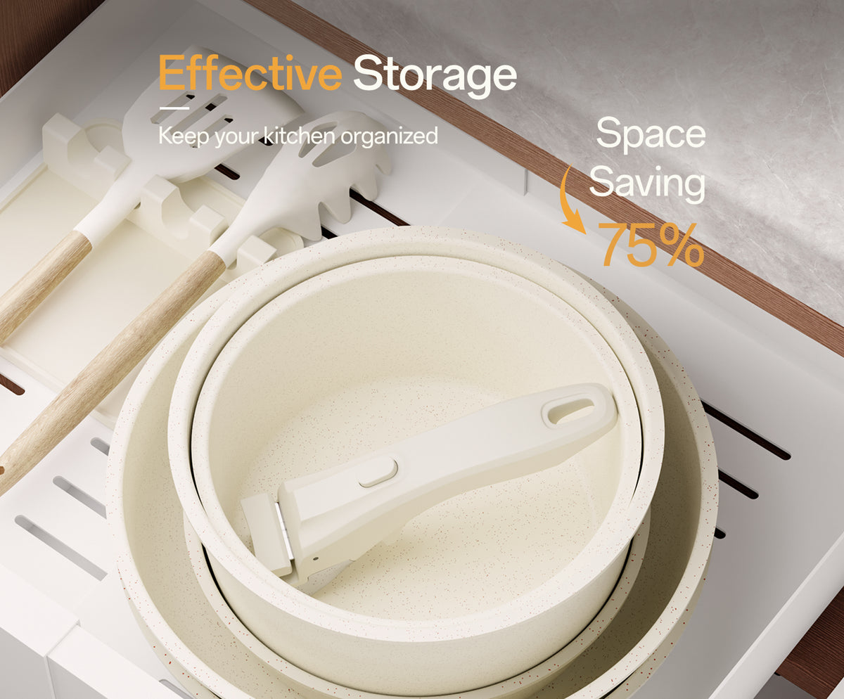 NULAS 20-Piece Nonstick  Pots and Pans Cookware Set with Detachable Handles, Dishwasher Safe, Stackable Space-Saving Design for Kitchen & RV, White