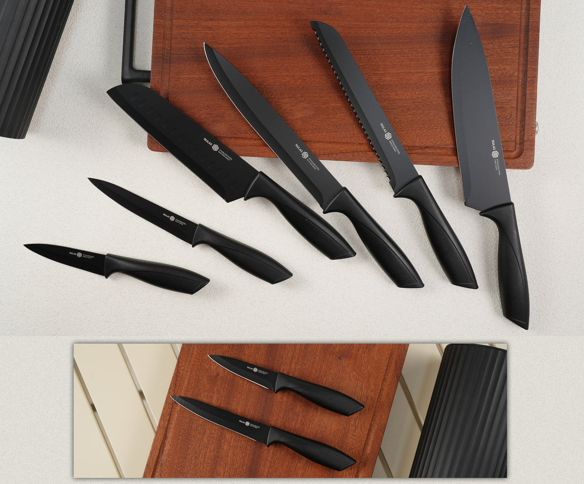 NULAS Knife Set, 8-Piece Kitchen Knife Set for Chef, Sharp Knife Set with Universal Knife Block, Anti-Rust Kitchen Knife Block Set, Ergonomical Design (Black)