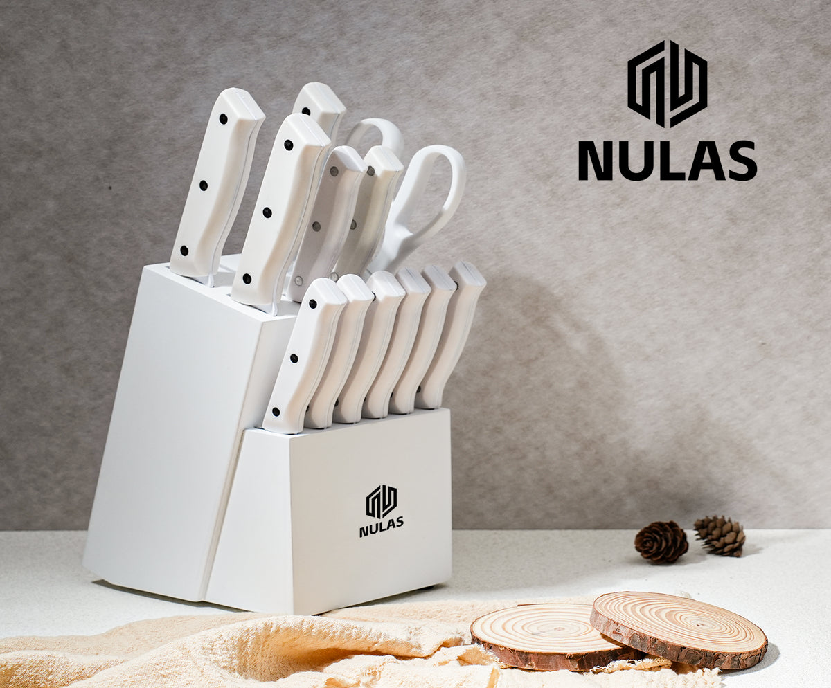 NULAS Knife Set, 15 Piece Kitchen Knife Set with Block and Built-in Sharpener, Dishwasher Safe, Anti-slip Handle, White